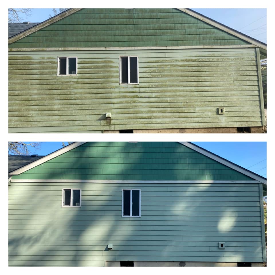 Before and after siding cleaning on house wall.
