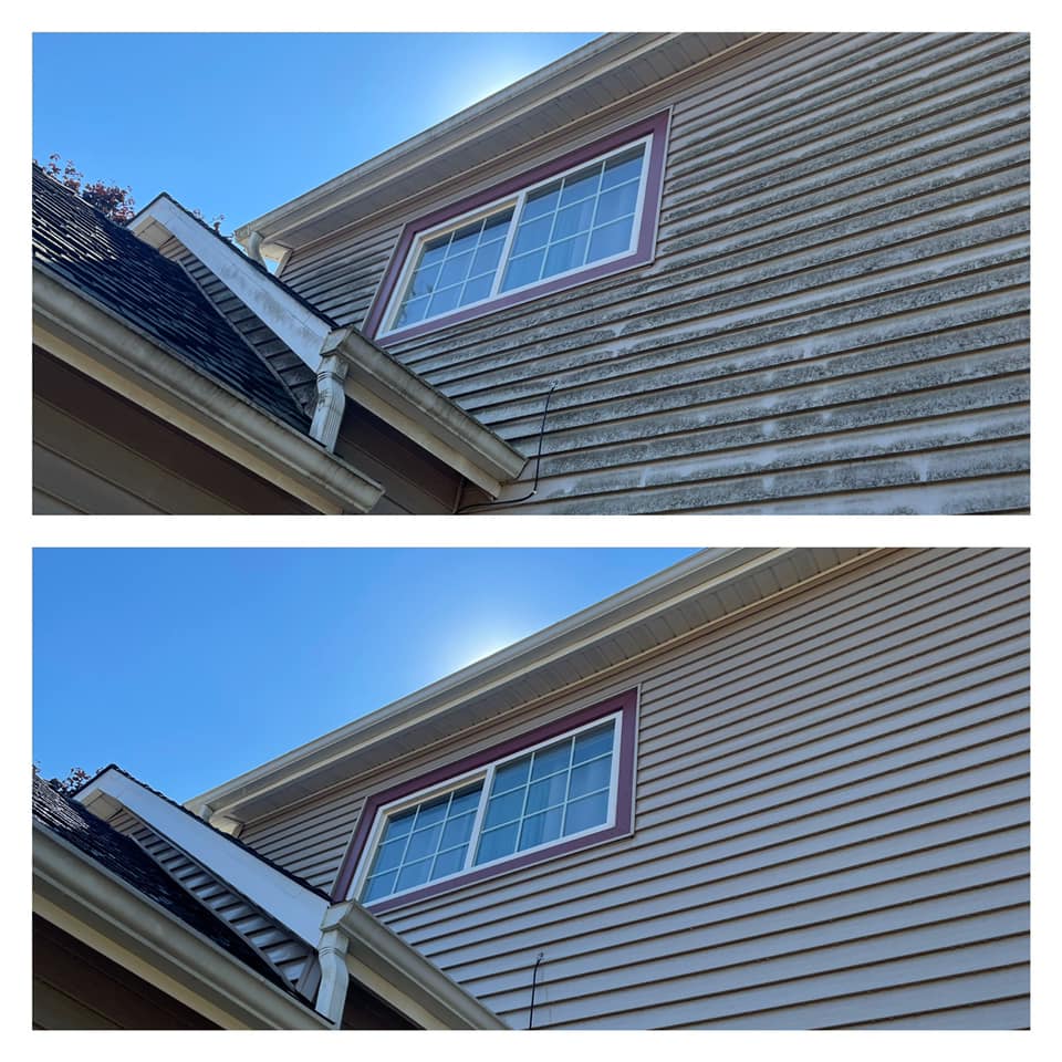 Before and after house siding cleaning.