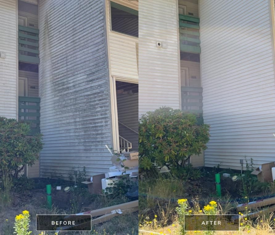 Building exterior before and after cleaning.
