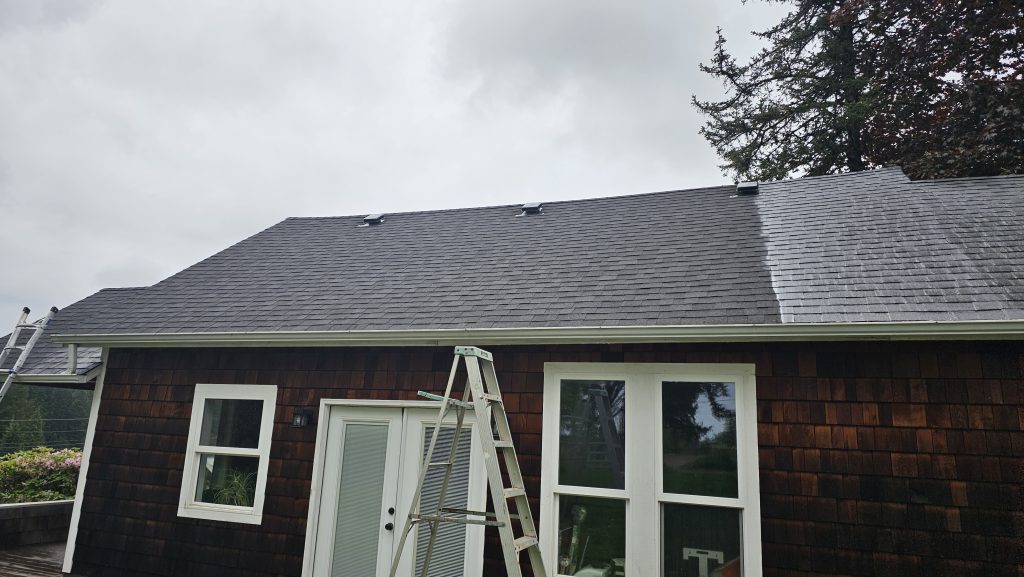 House roof halfway washed, cloudy sky overhead.