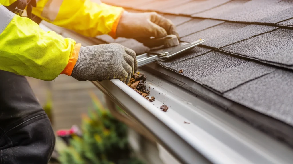 Person cleaning roof gutter of debris